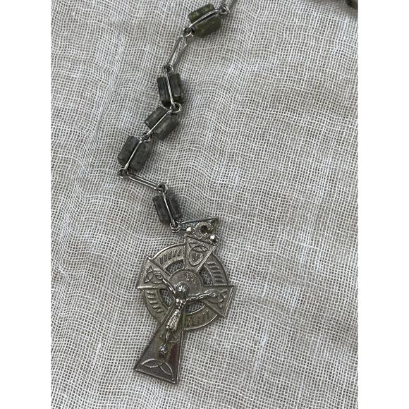 Connemara Marble Full Rosary Green Beaded Irish Celtic Cross Pendant 23" Large - Picture 3 of 10